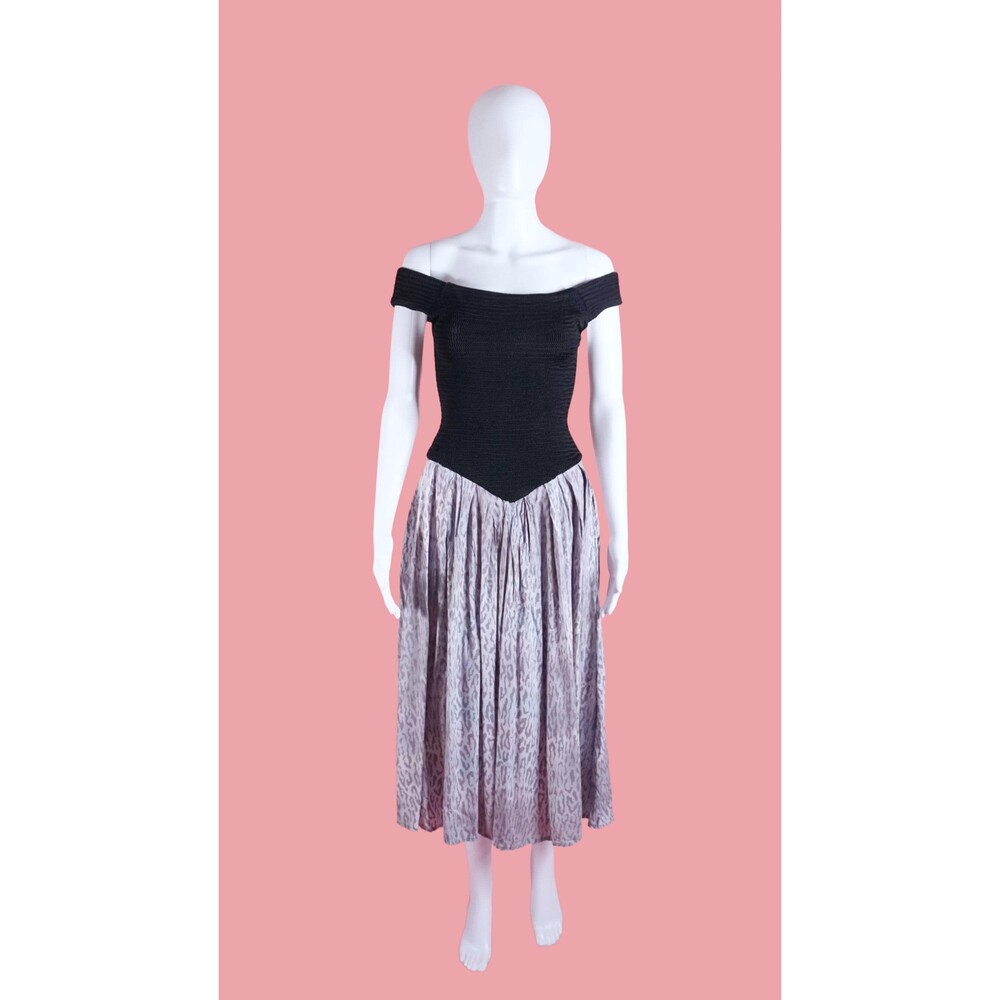 1980s-1990s CLUES COLLECTIONS. Smocked Drop Waist. LEOPARD Print Dress. S-M